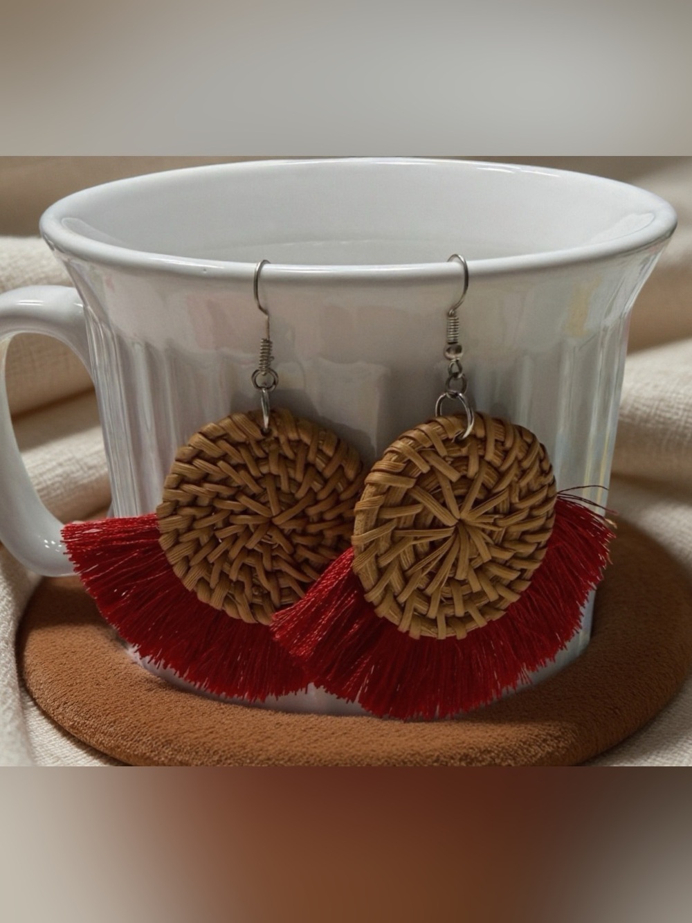 Hand Crafted Red Fringe Woven Rattan Earrings